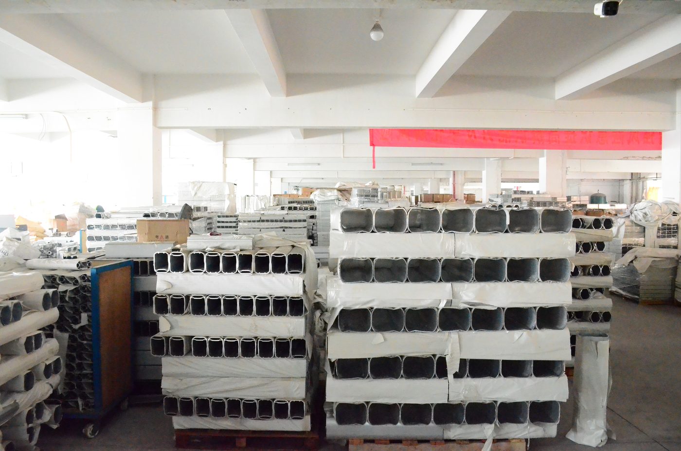 Finished battery cases stacked and ready for shipment