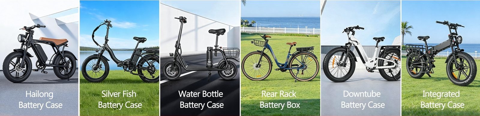 Six e-bike battery case fitments installed on real bikes: Hailong, Silver Fish, water bottle, rear rack, downtube and integrated