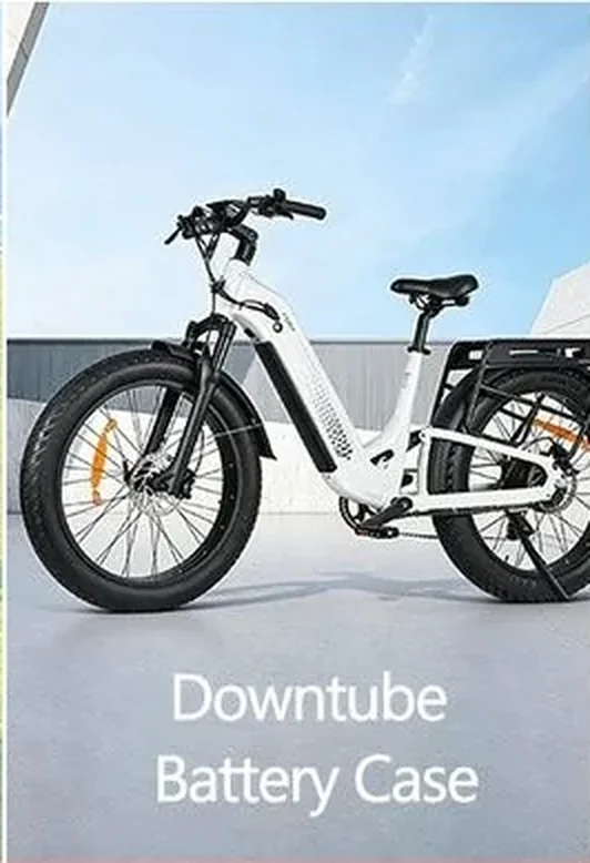 Downtube battery case mounted on a step-through e-bike