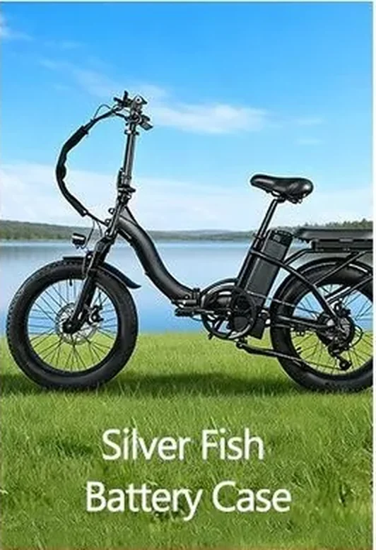 Silver Fish battery case mounted on a folding e-bike