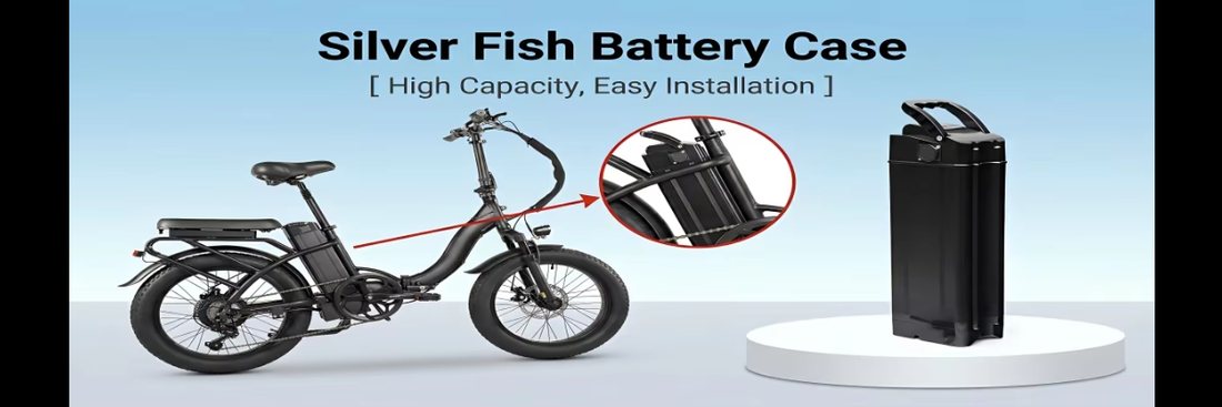 Silver Fish battery case mounted on a folding e-bike