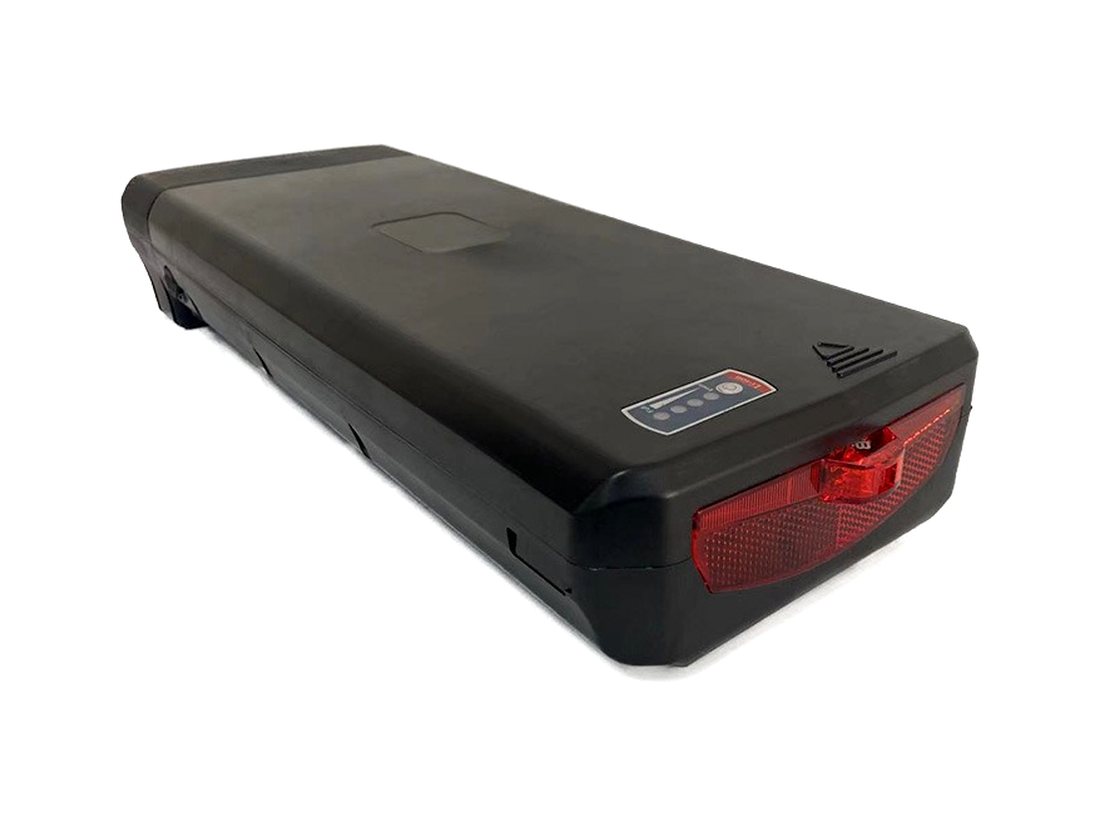 Rack-mounted e-bike battery case, ALX032, shown from the side