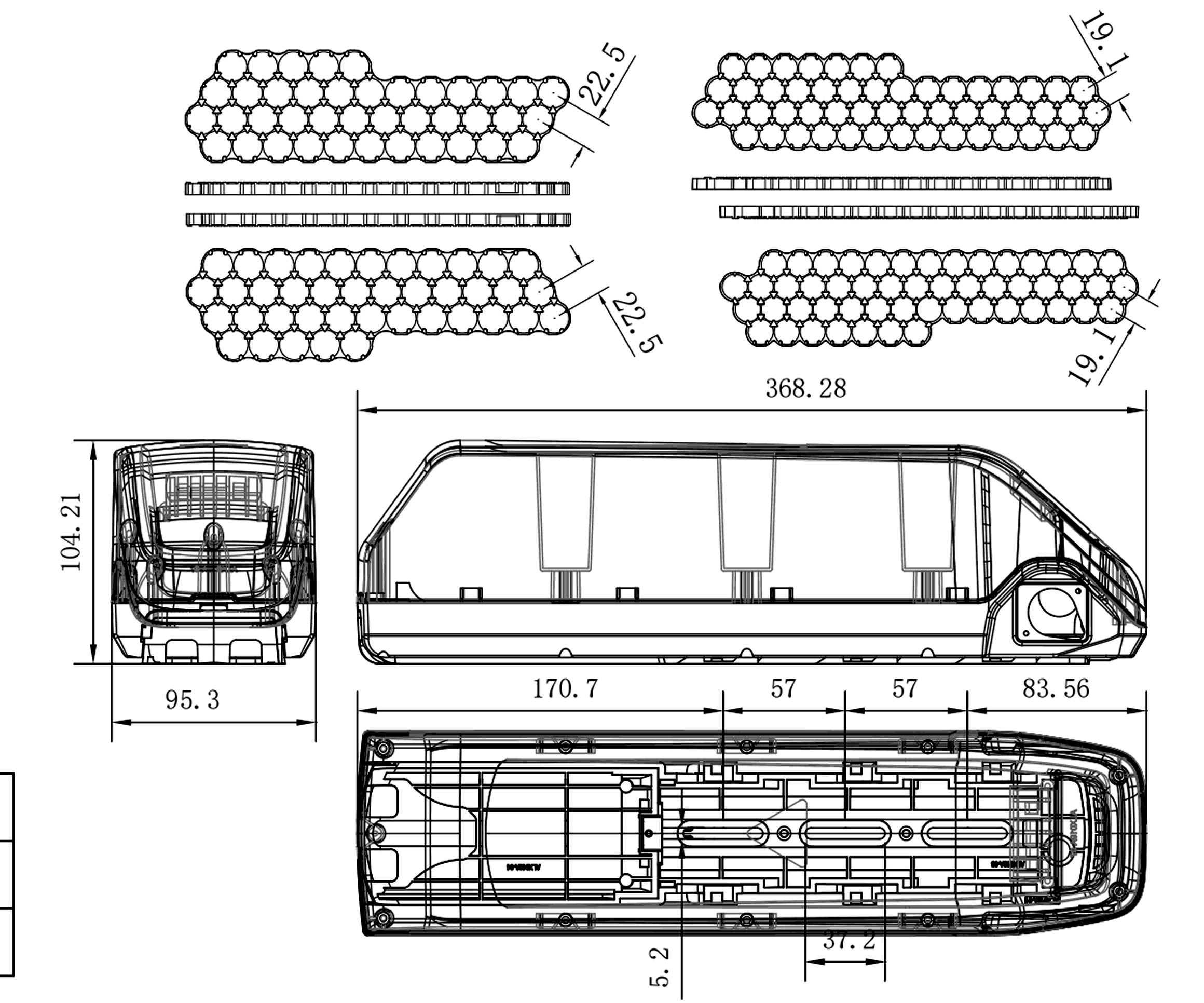 Dimensional drawing of the ALX019A empty e-bike battery case showing the side and plan views with the mounting centres and overall envelope dimensioned