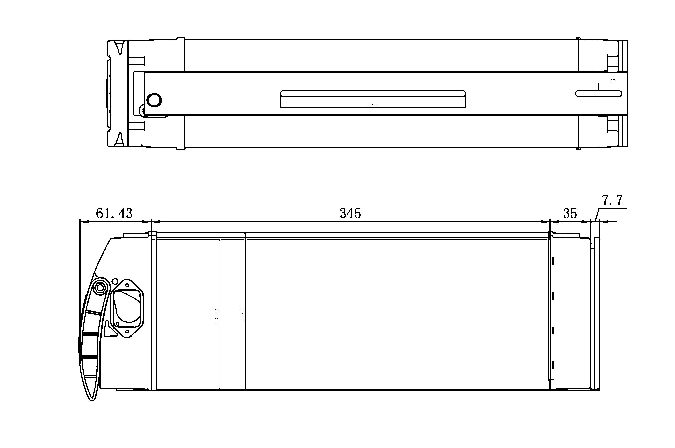 Dimensional drawing of the ALX036 empty e-bike battery case showing the side and plan views with the mounting centres and overall envelope dimensioned