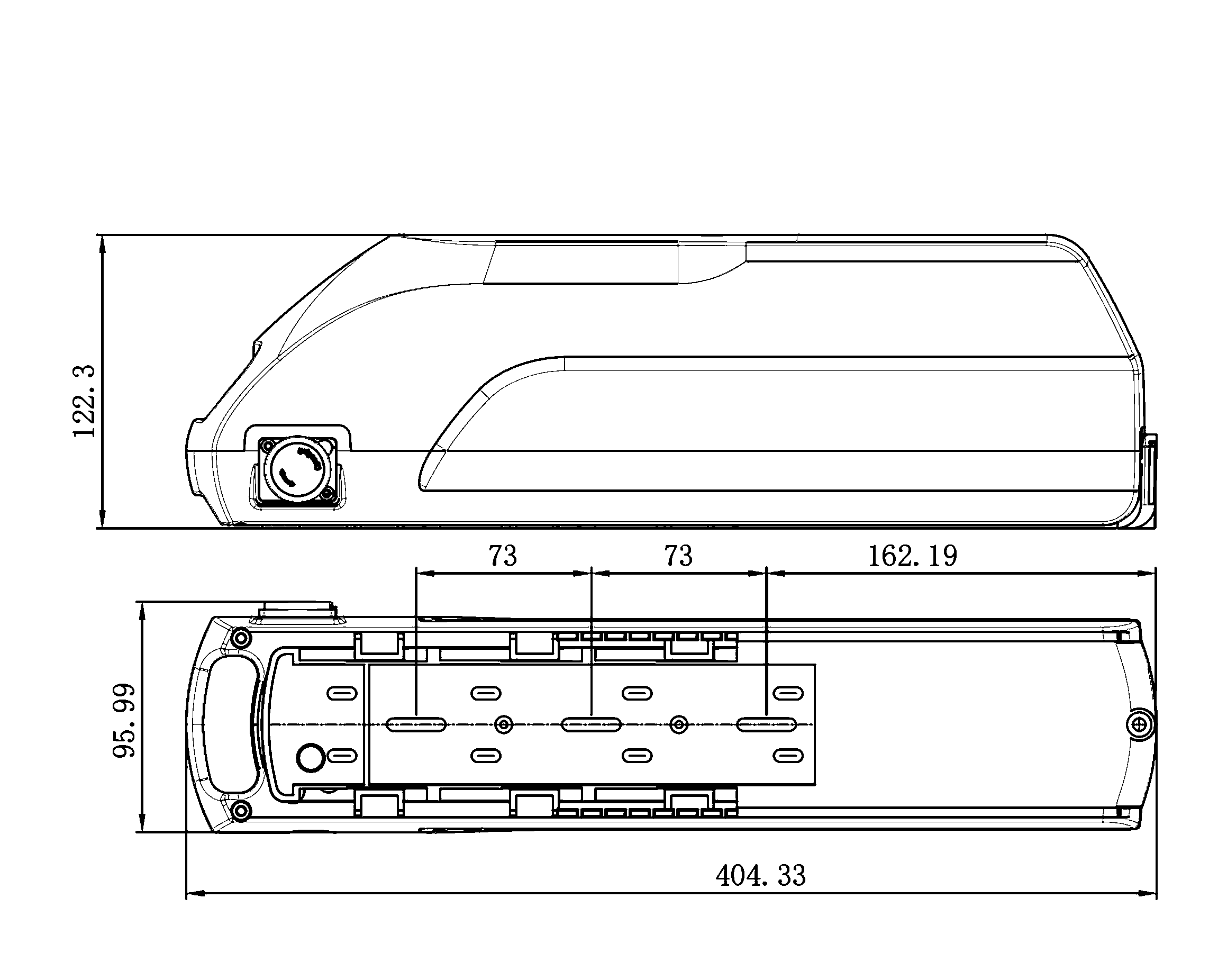 Dimensional drawing of the ALX053B empty e-bike battery case showing the side and plan views with the mounting centres and overall envelope dimensioned