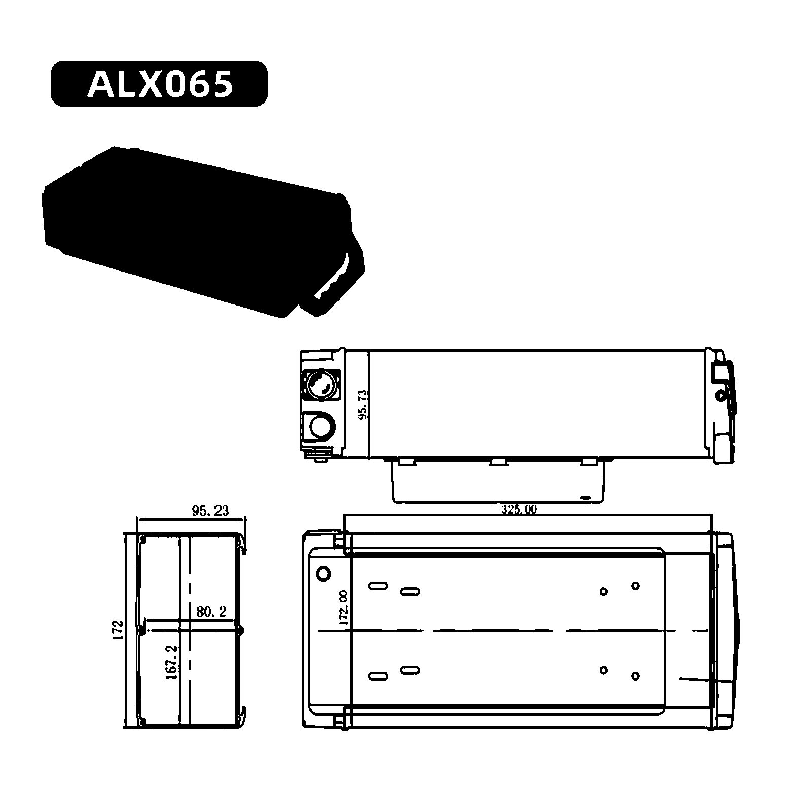 Dimensional drawing of the ALX065 empty e-bike battery case showing the side and plan views with the mounting centres and overall envelope dimensioned