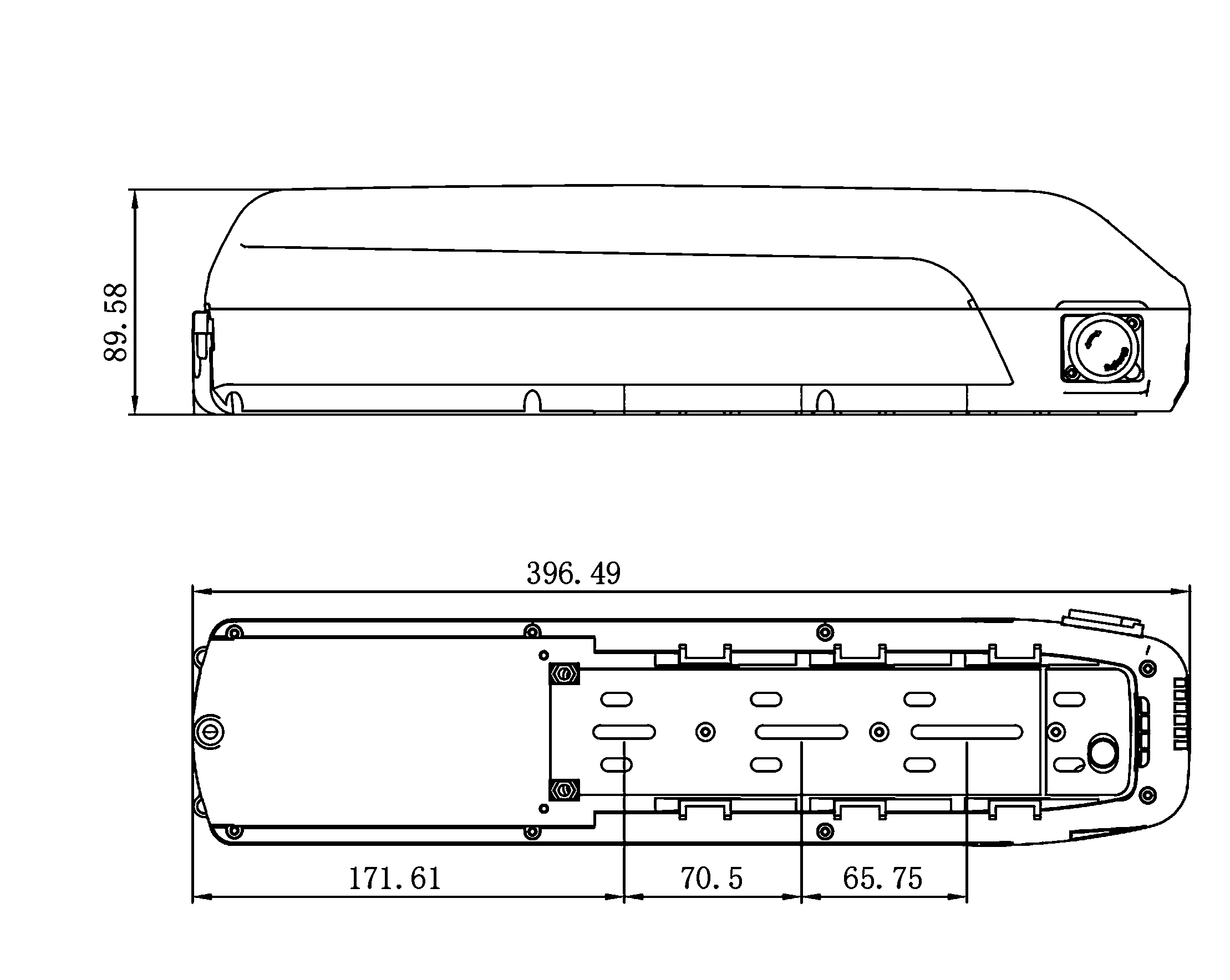 Dimensional drawing of the ALX068 empty e-bike battery case showing the side and plan views with the mounting centres and overall envelope dimensioned