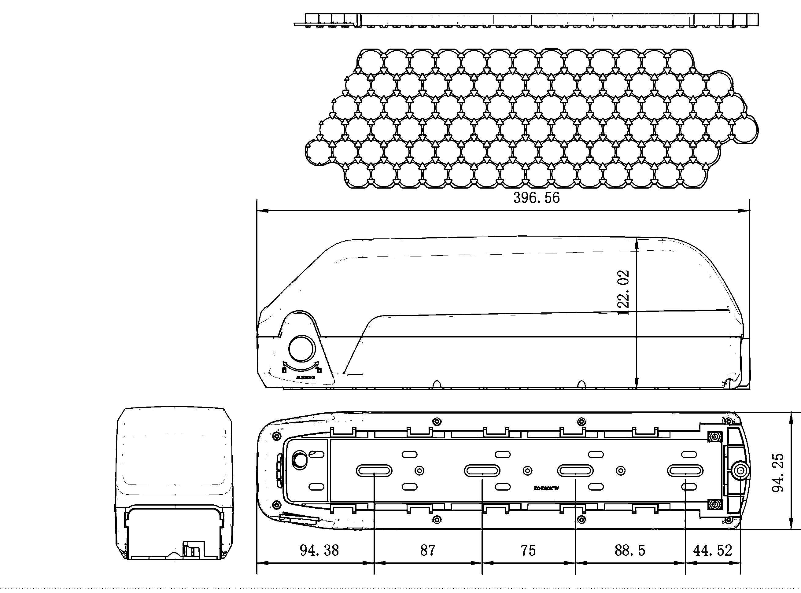 Dimensional drawing of the ALX082 empty e-bike battery case showing the side and plan views with the mounting centres and overall envelope dimensioned