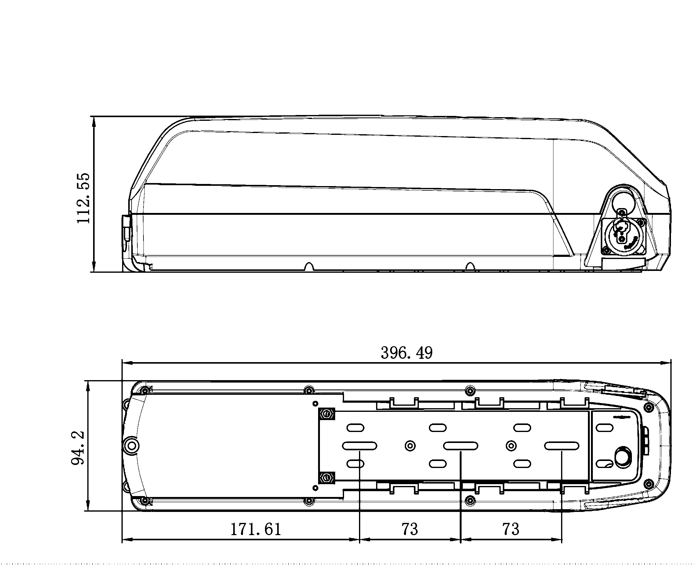 Dimensional drawing of the ALX096 empty e-bike battery case showing the side and plan views with the mounting centres and overall envelope dimensioned