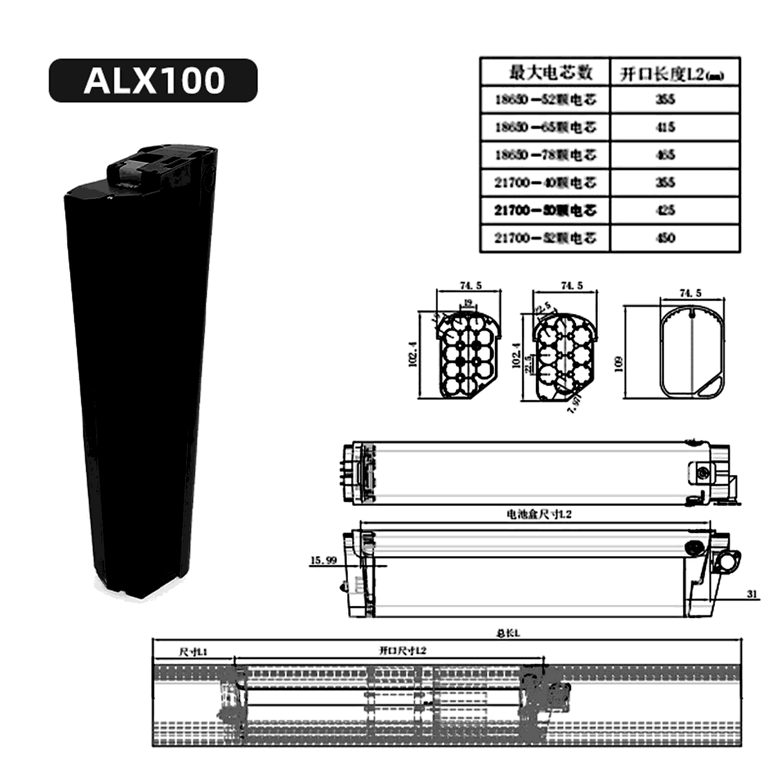 Dimensional drawing of the ALX100 empty e-bike battery case showing the side and plan views with the mounting centres and overall envelope dimensioned