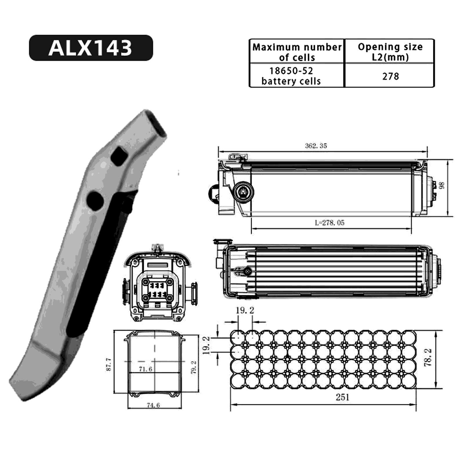 Dimensional drawing of the ALX143 empty e-bike battery case showing the side and plan views with the mounting centres and overall envelope dimensioned