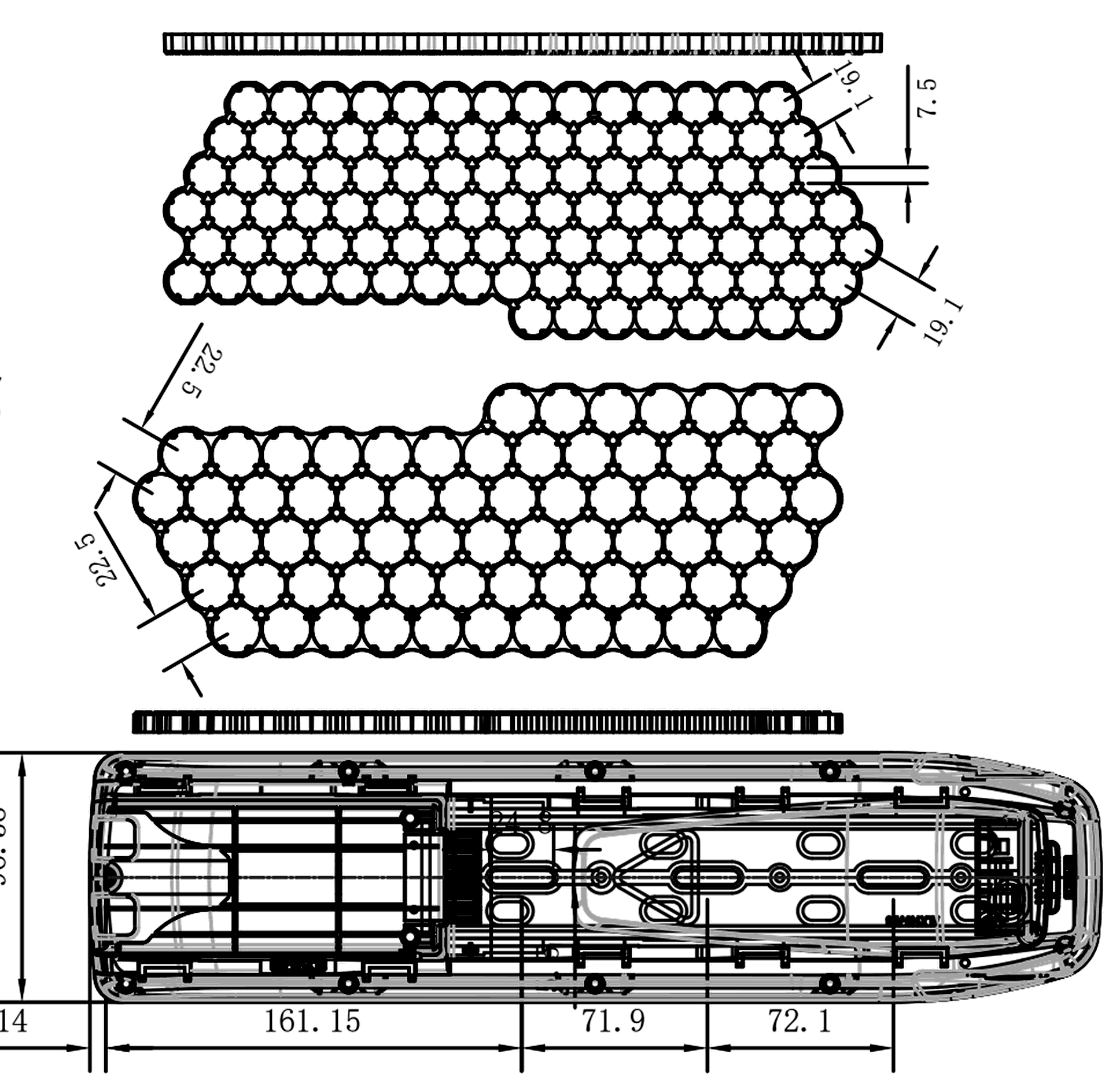 Dimensional drawing of the ALX149A empty e-bike battery case showing the side and plan views with the mounting centres and overall envelope dimensioned