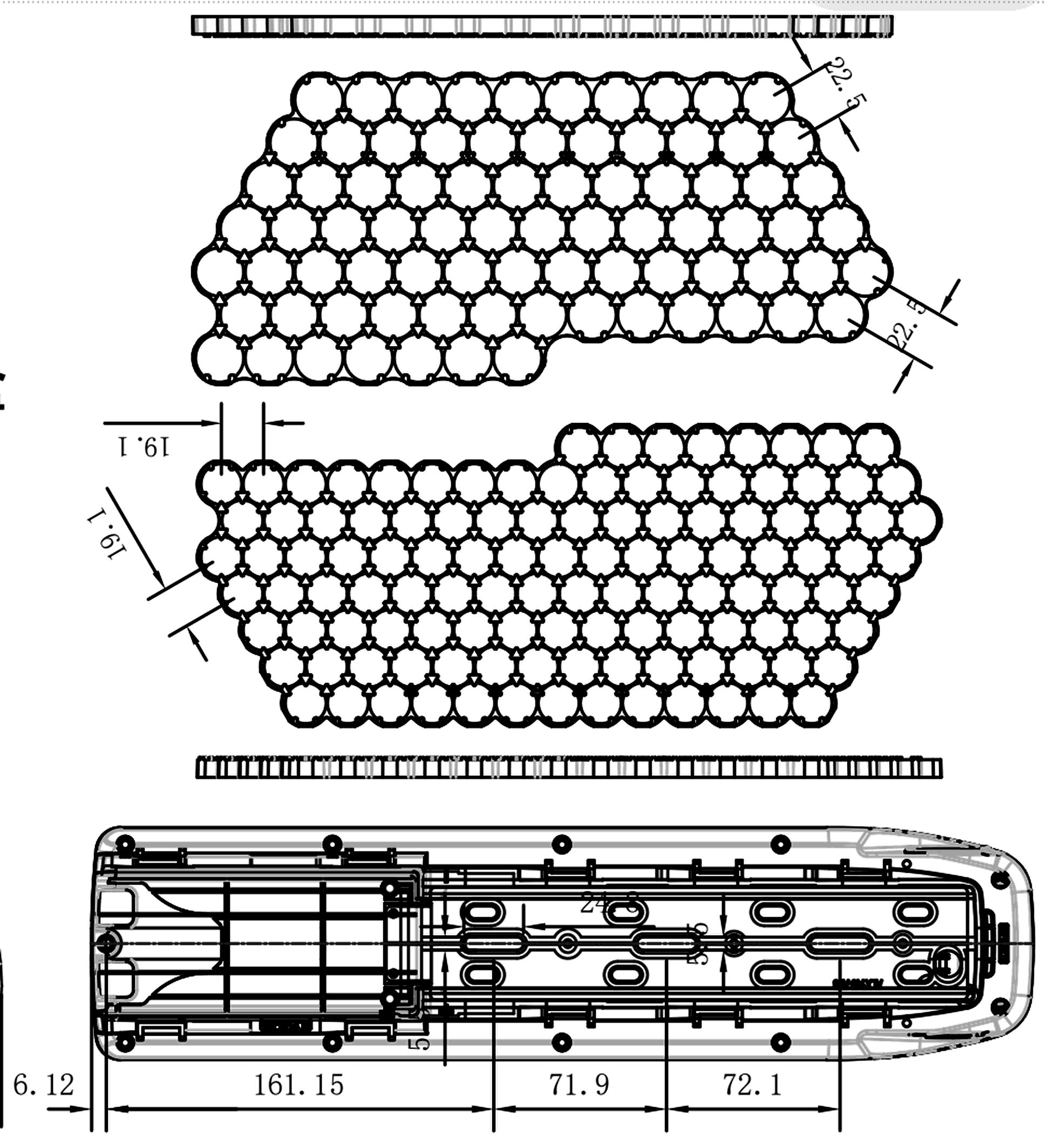 Dimensional drawing of the ALX149B empty e-bike battery case showing the side and plan views with the mounting centres and overall envelope dimensioned