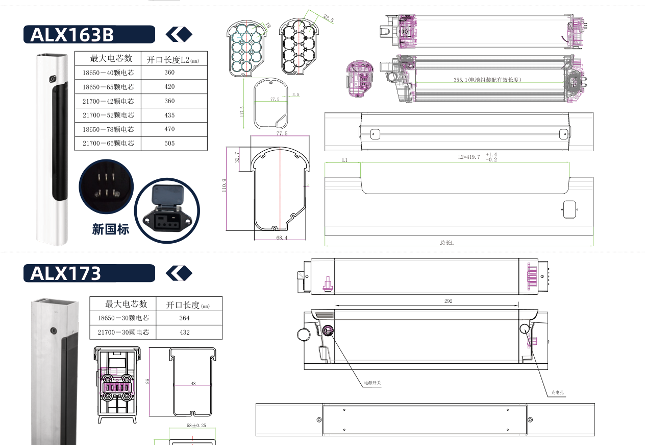 Dimensional drawing of the ALX163B empty e-bike battery case showing the side and plan views with the mounting centres and overall envelope dimensioned
